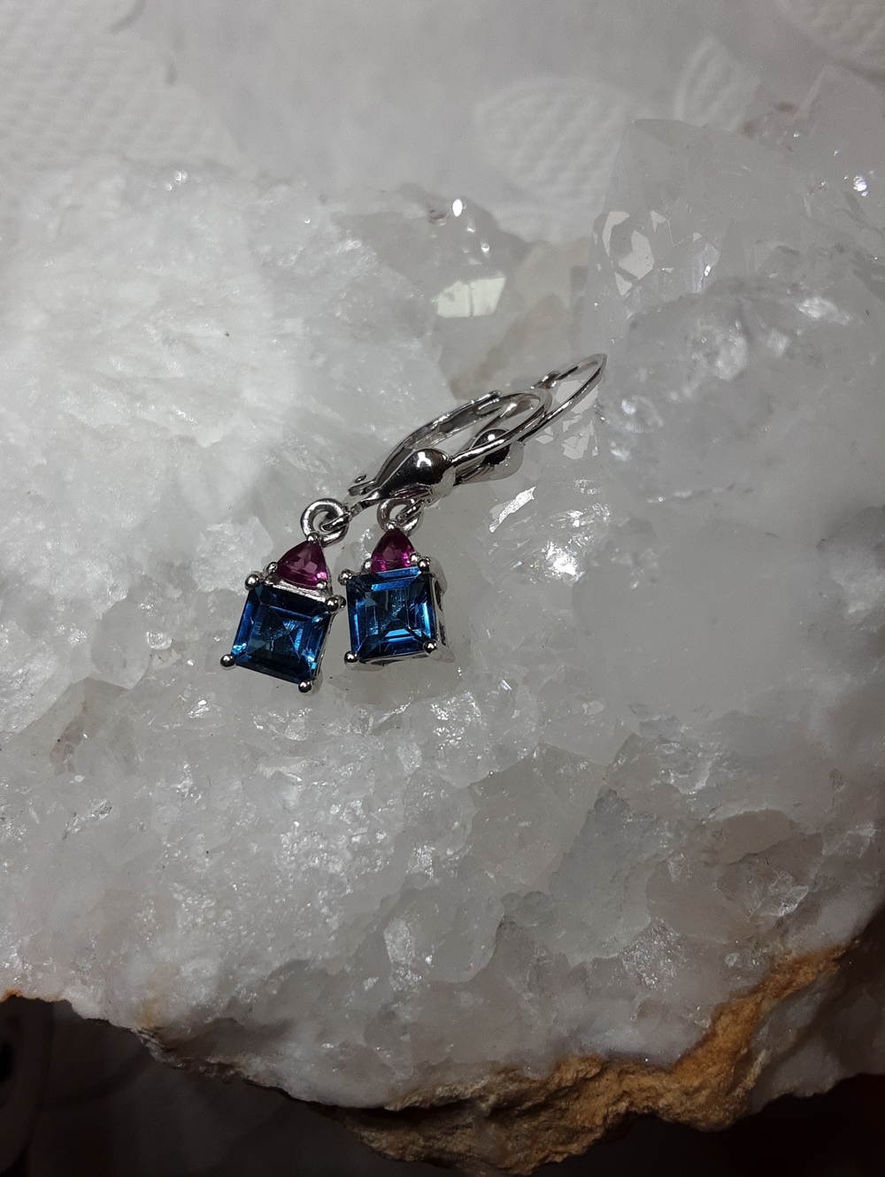 925 London Blue Topaz, Rhodolite Garnet Drop Earrings. PRICE IS FIRM.